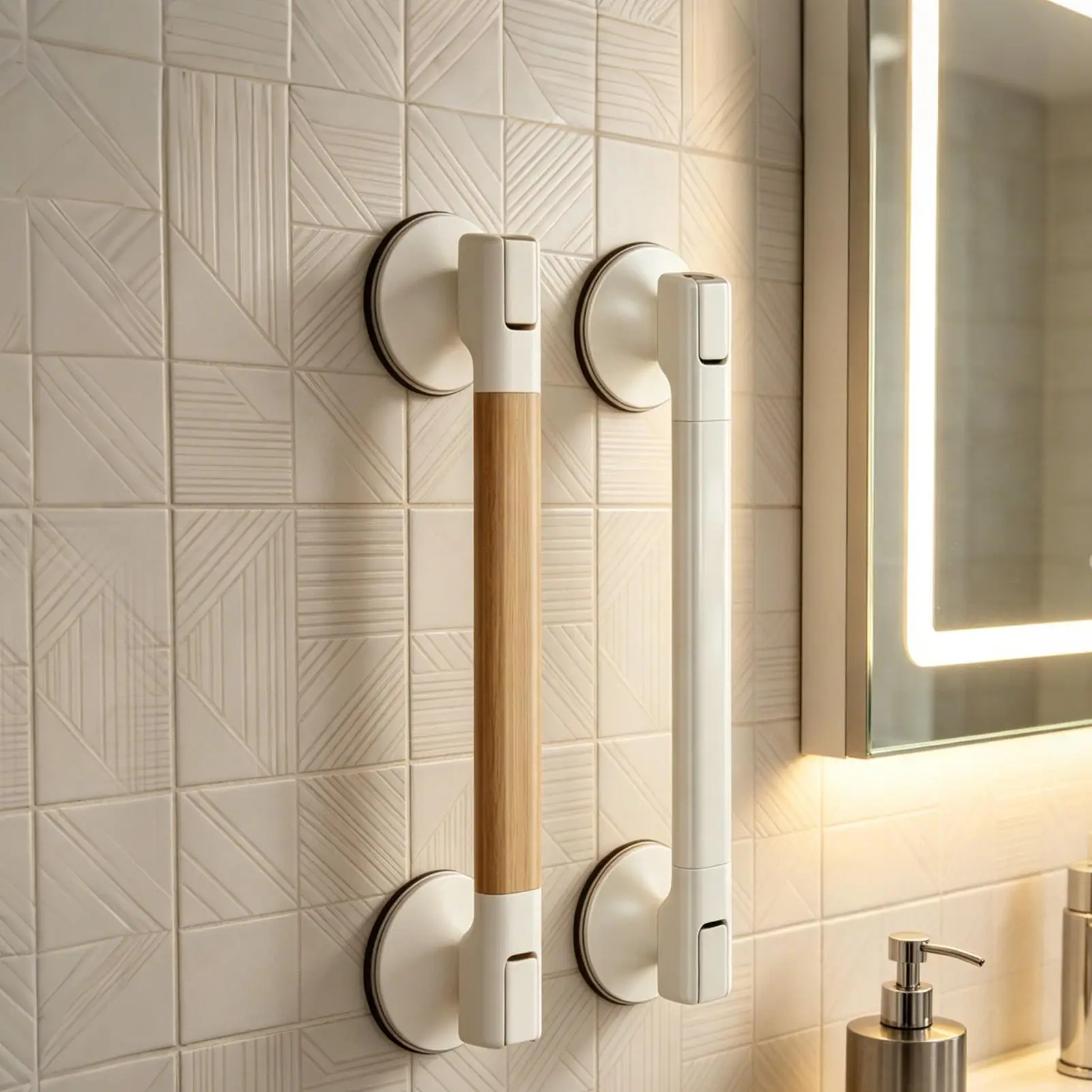 Barre d'appui à ventouses en acier inoxydable fixée sur une paroi de douche carrelée