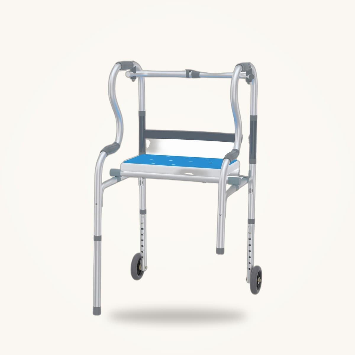 Déambulateur 2 roues plié et déplié, assise rabattable et poignées réglables visibles