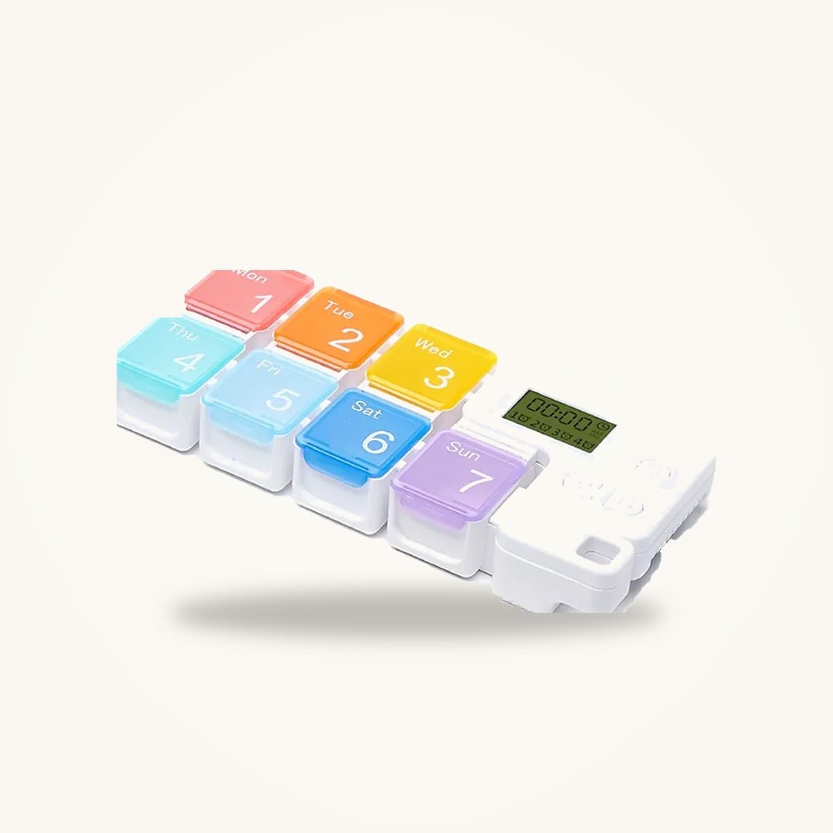 Pilulier électronique à alarme, sept boîtiers colorés amovibles et module à écran