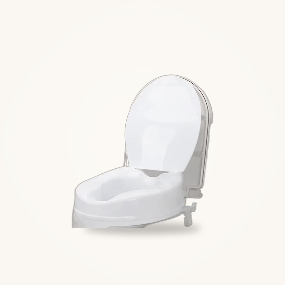 Réhausseur de WC en plastique rigide installé sur une cuvette, crans de fixation visibles