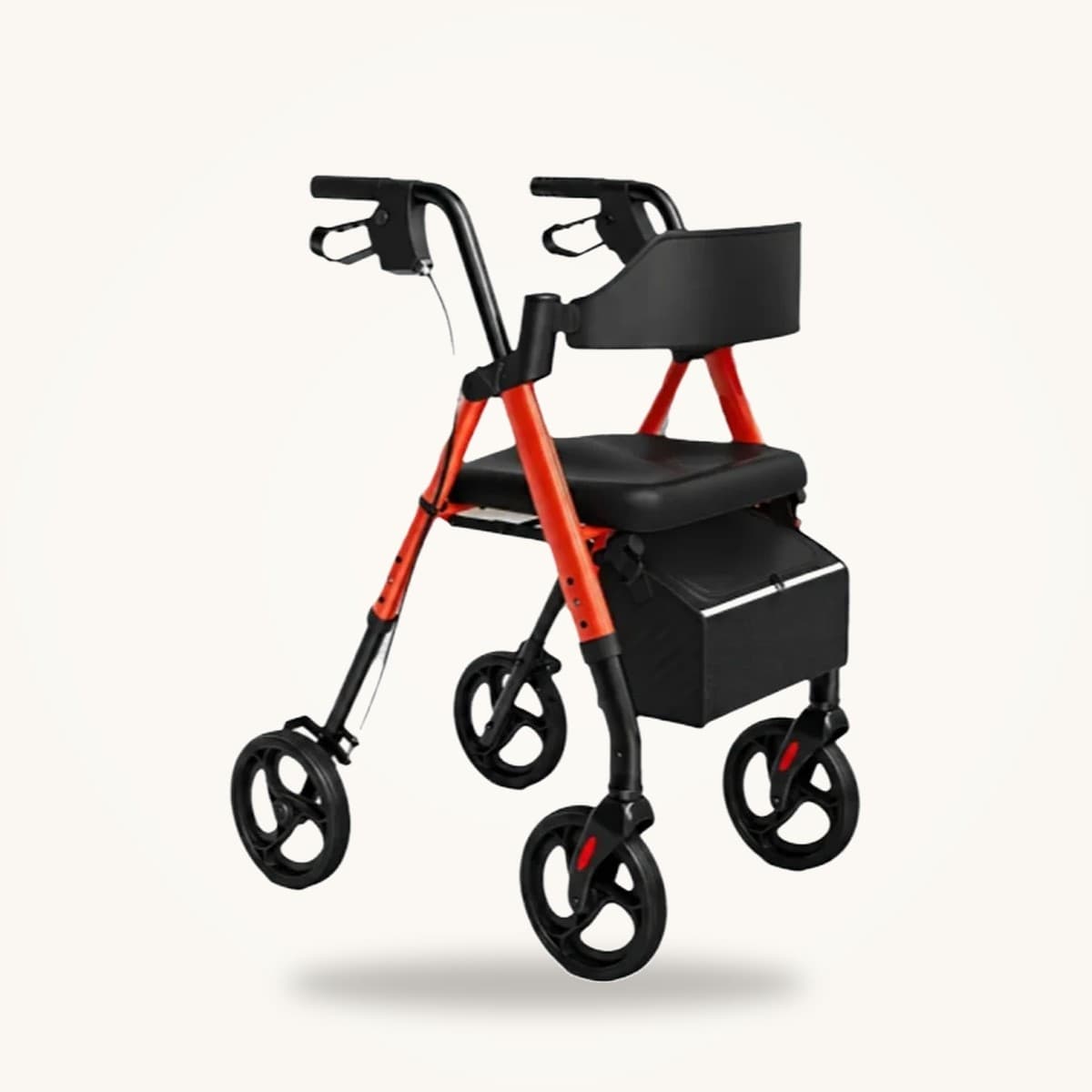 Rollator quatre roues avec siège, dossier et panier de rangement sous l'assise