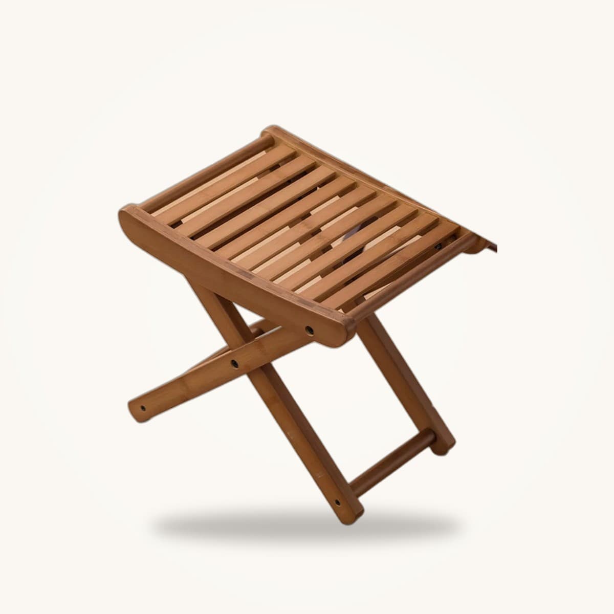 Tabouret de douche pliant en bambou, assise à lattes et pieds croisés